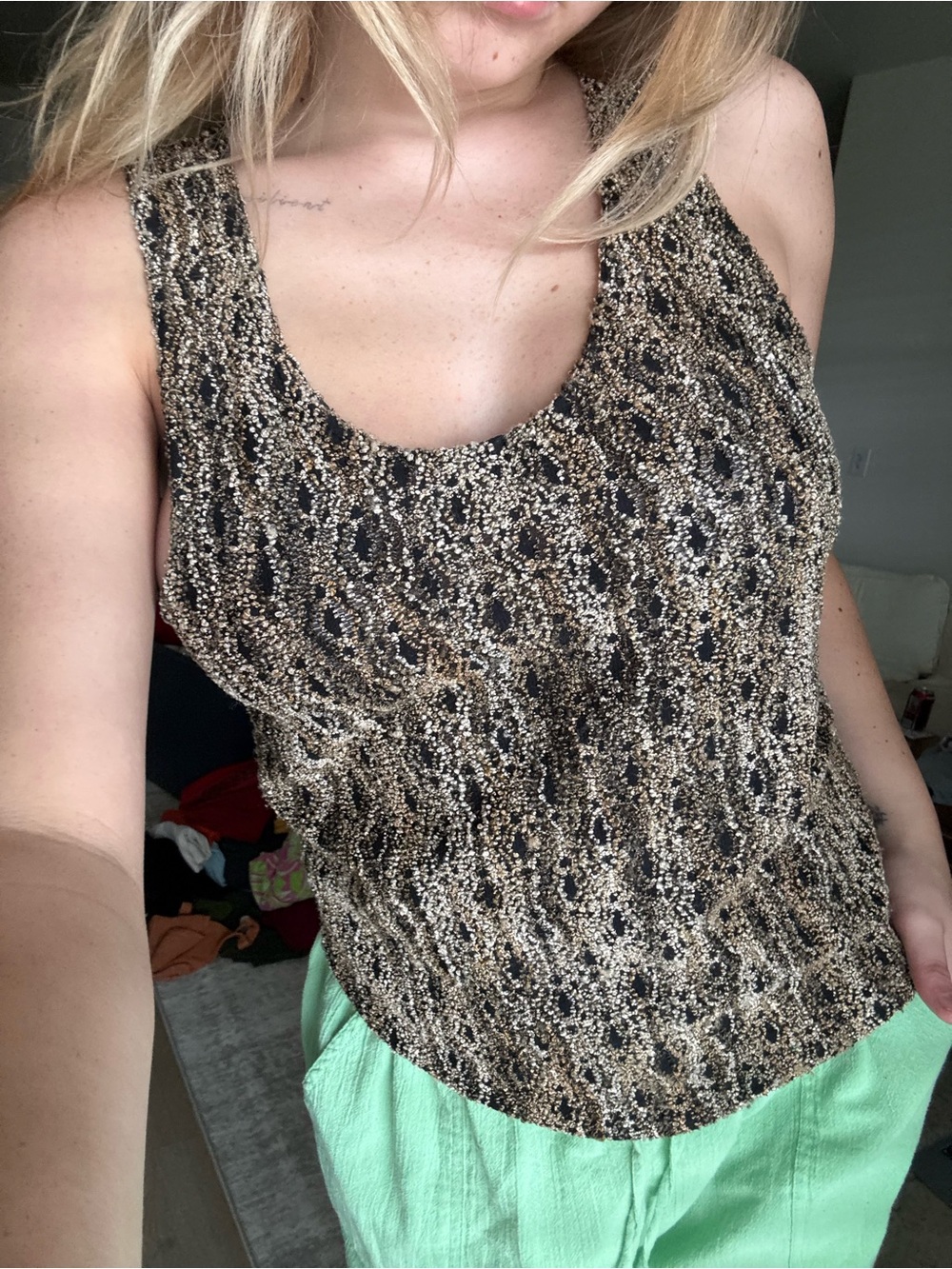 Ninety Black and Gold Metallic Pattern Tank Top